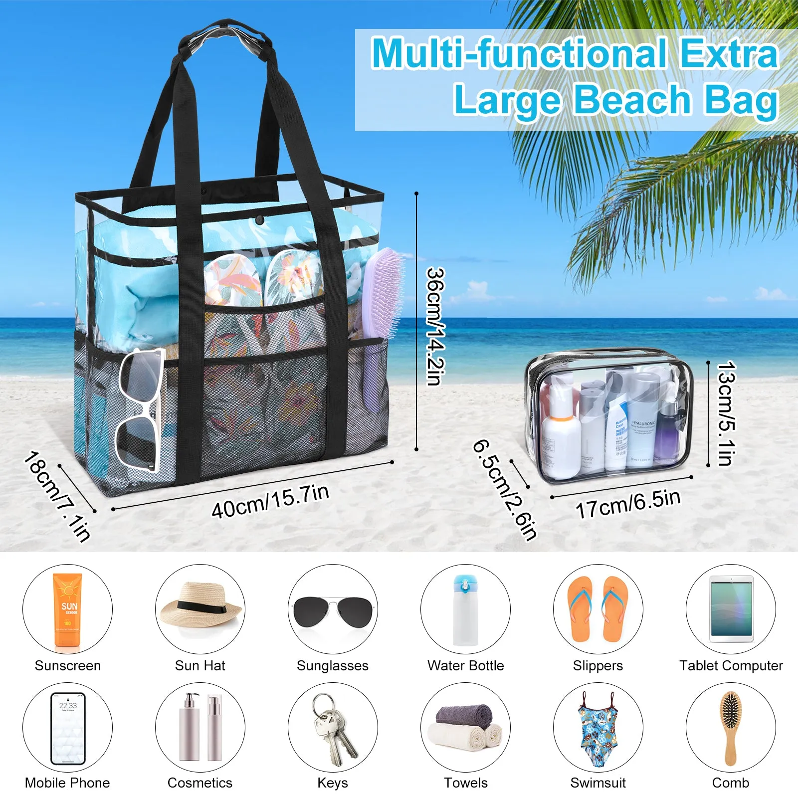 KOITHOT Beach Bag for Women, Clear Tote Mesh with 10 Pockets and Makeup Bags Waterproof Foldable for Summer Travel Pool Gift