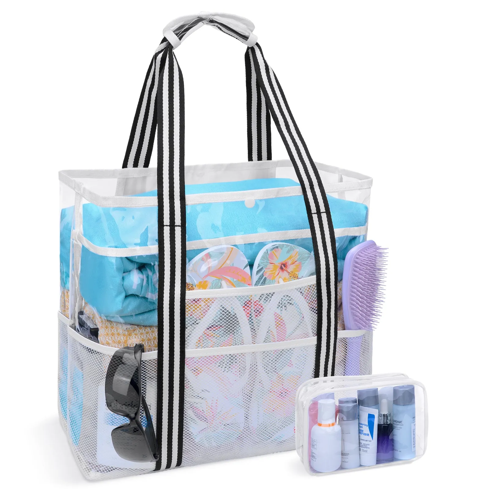 KOITHOT Beach Bag for Women, Clear Tote Mesh with 10 Pockets and Makeup Bags Waterproof Foldable for Summer Travel Pool Gift