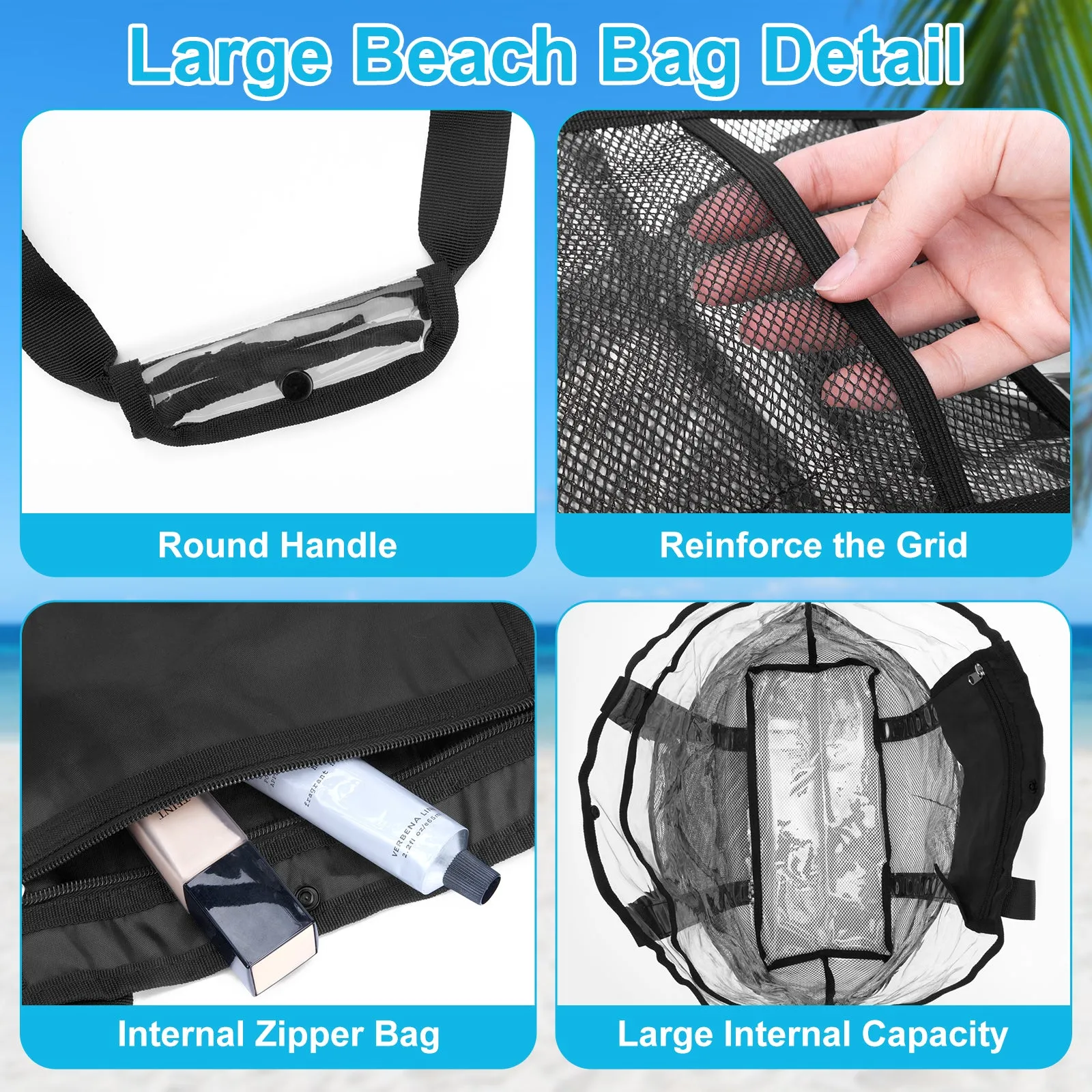 KOITHOT Beach Bag for Women, Clear Tote Mesh with 10 Pockets and Makeup Bags Waterproof Foldable for Summer Travel Pool Gift