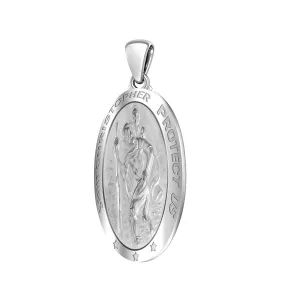 Ladies 14k White Gold St Christopher Oval Polished 1in Hollow Pendant Necklace