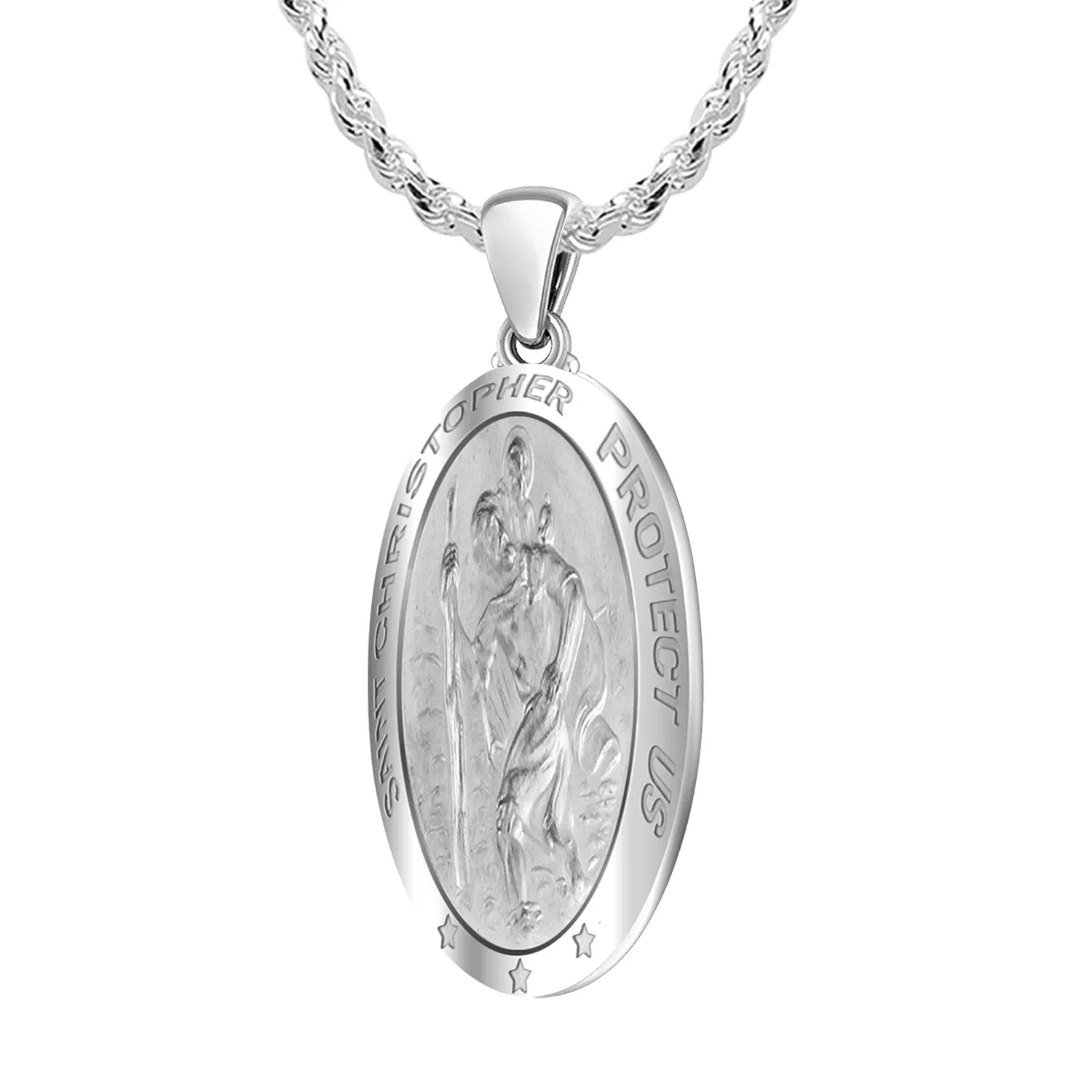 Ladies 14k White Gold St Christopher Oval Polished 1in Hollow Pendant Necklace