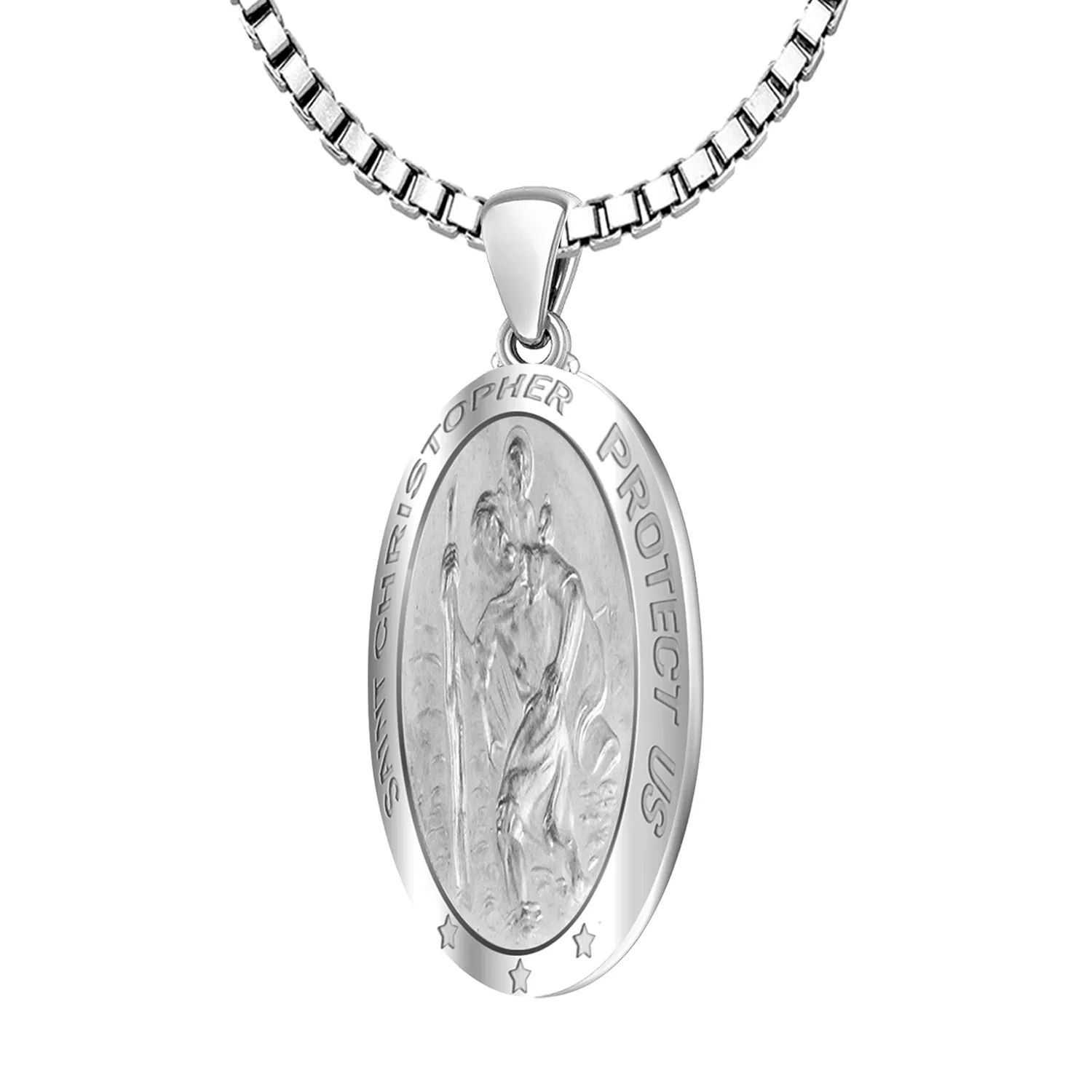 Ladies 14k White Gold St Christopher Oval Polished 1in Hollow Pendant Necklace