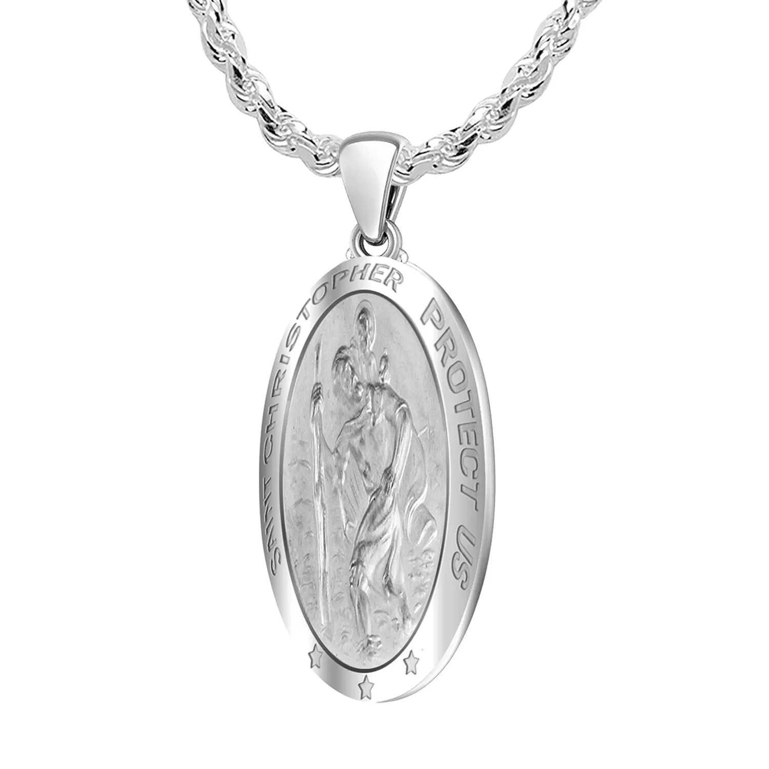 Ladies 14k White Gold St Christopher Oval Polished 1in Hollow Pendant Necklace