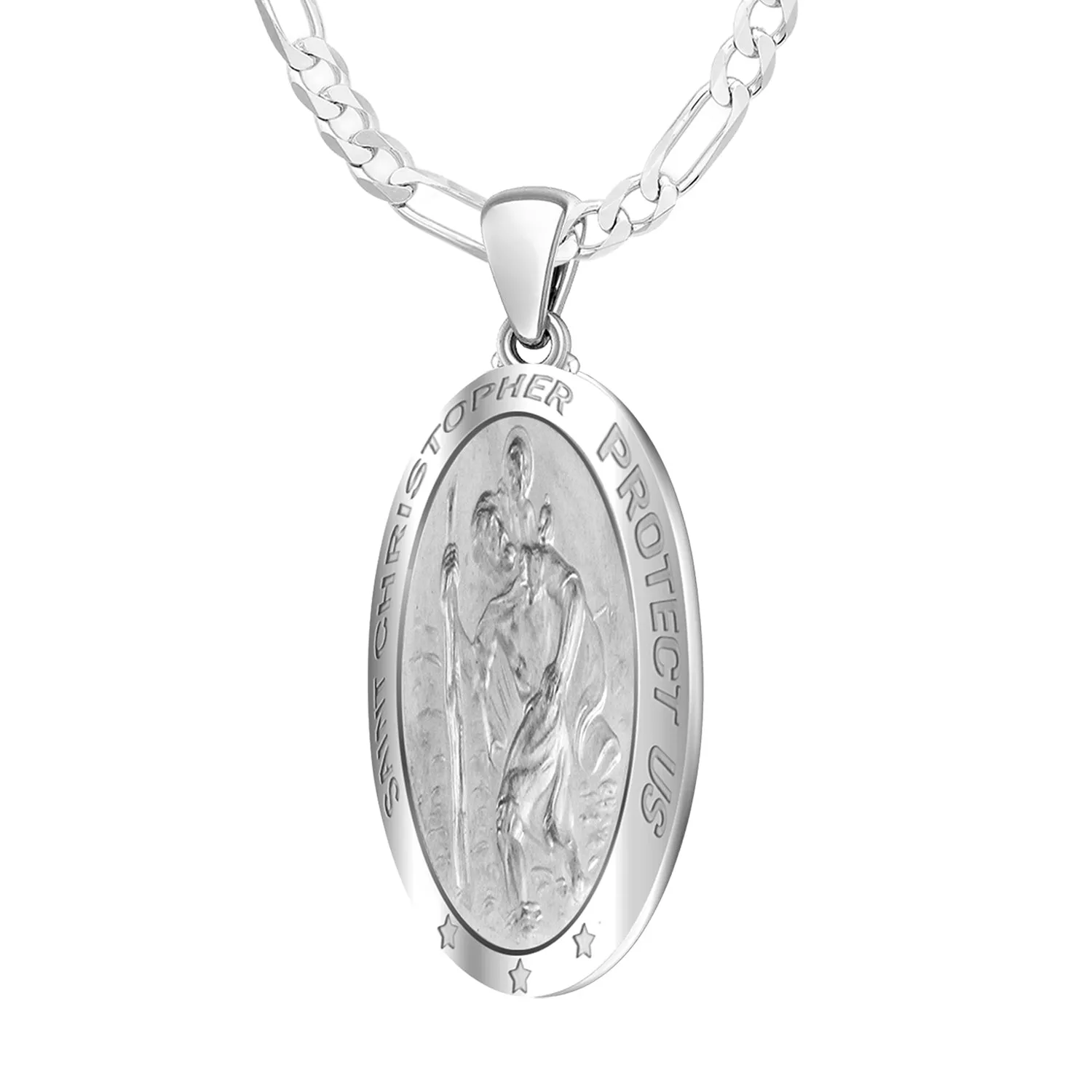 Ladies 14k White Gold St Christopher Oval Polished 1in Hollow Pendant Necklace