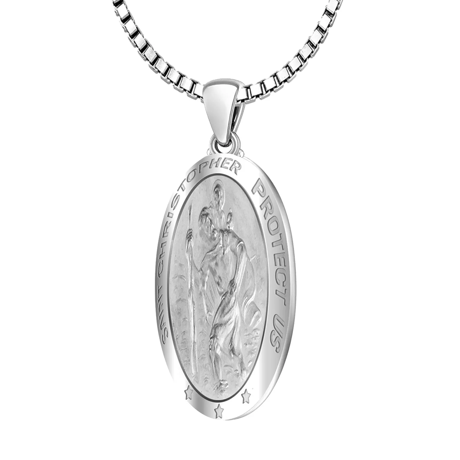 Ladies 14k White Gold St Christopher Oval Polished 1in Hollow Pendant Necklace
