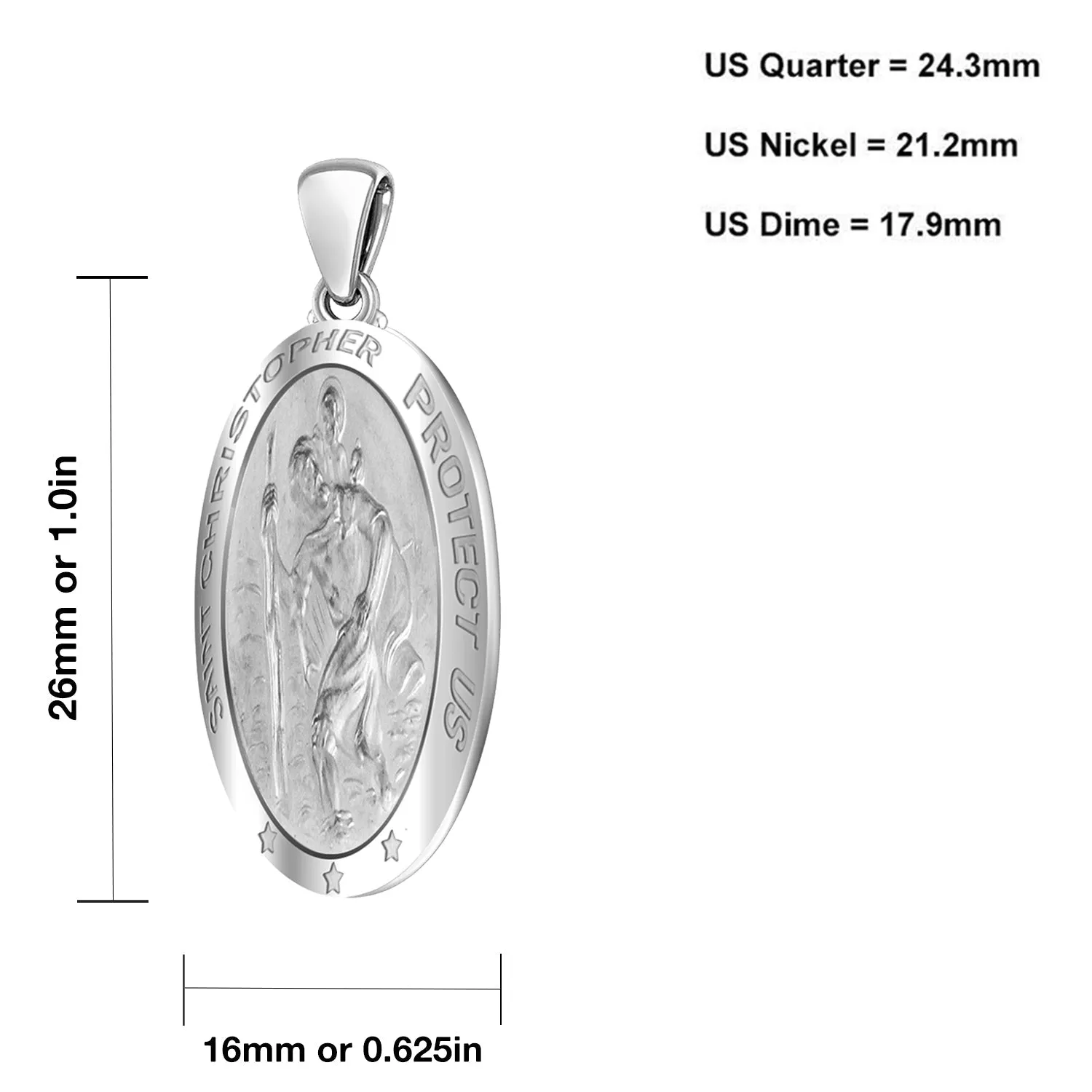 Ladies 14k White Gold St Christopher Oval Polished 1in Hollow Pendant Necklace