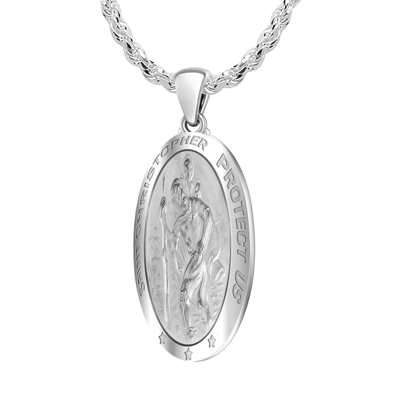 Ladies 14k White Gold St Christopher Oval Polished 1in Hollow Pendant Necklace