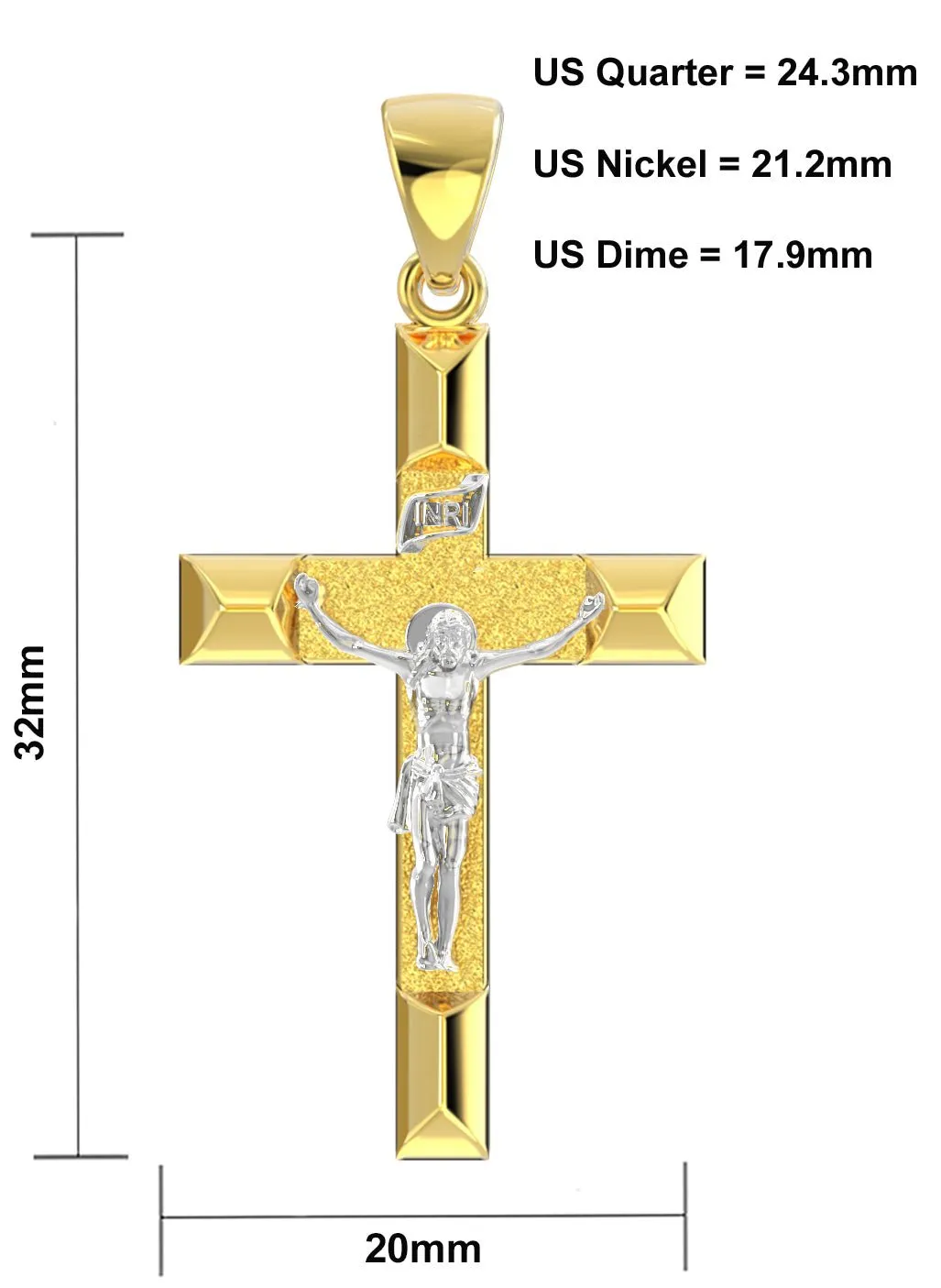 Ladies 14k Yellow Gold Angled Cross Crucifix Pendant Necklace, 32mm