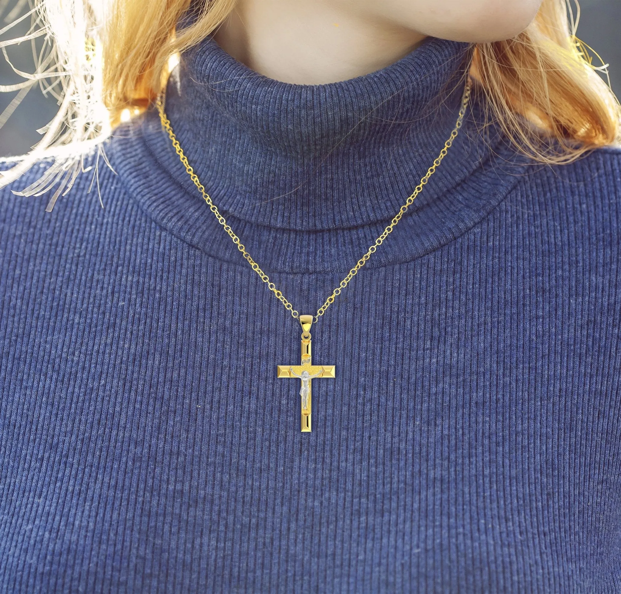 Ladies 14k Yellow Gold Angled Cross Crucifix Pendant Necklace, 32mm