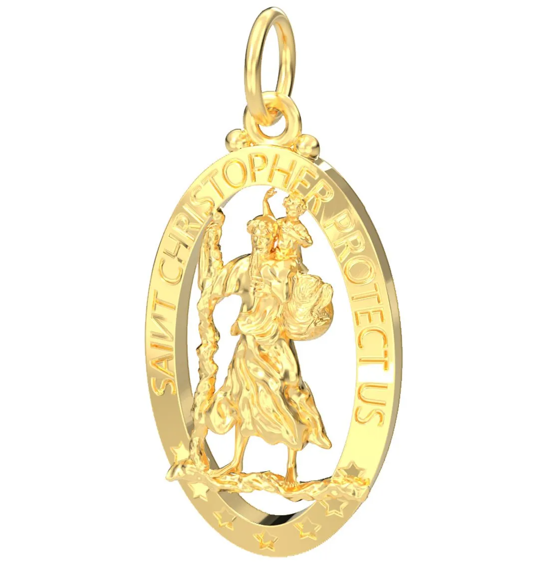 Ladies 14K Yellow Gold Saint Christopher Polished Finish Pierced Pendant Necklace, 25mm