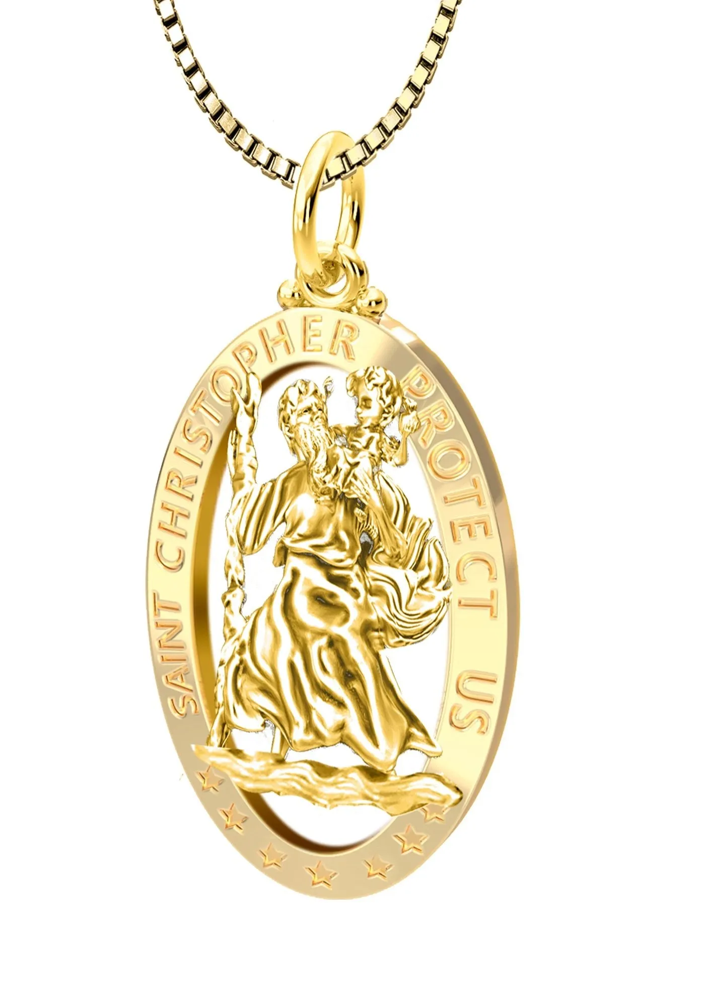Ladies 14K Yellow Gold Saint Christopher Polished Finish Pierced Pendant Necklace, 25mm
