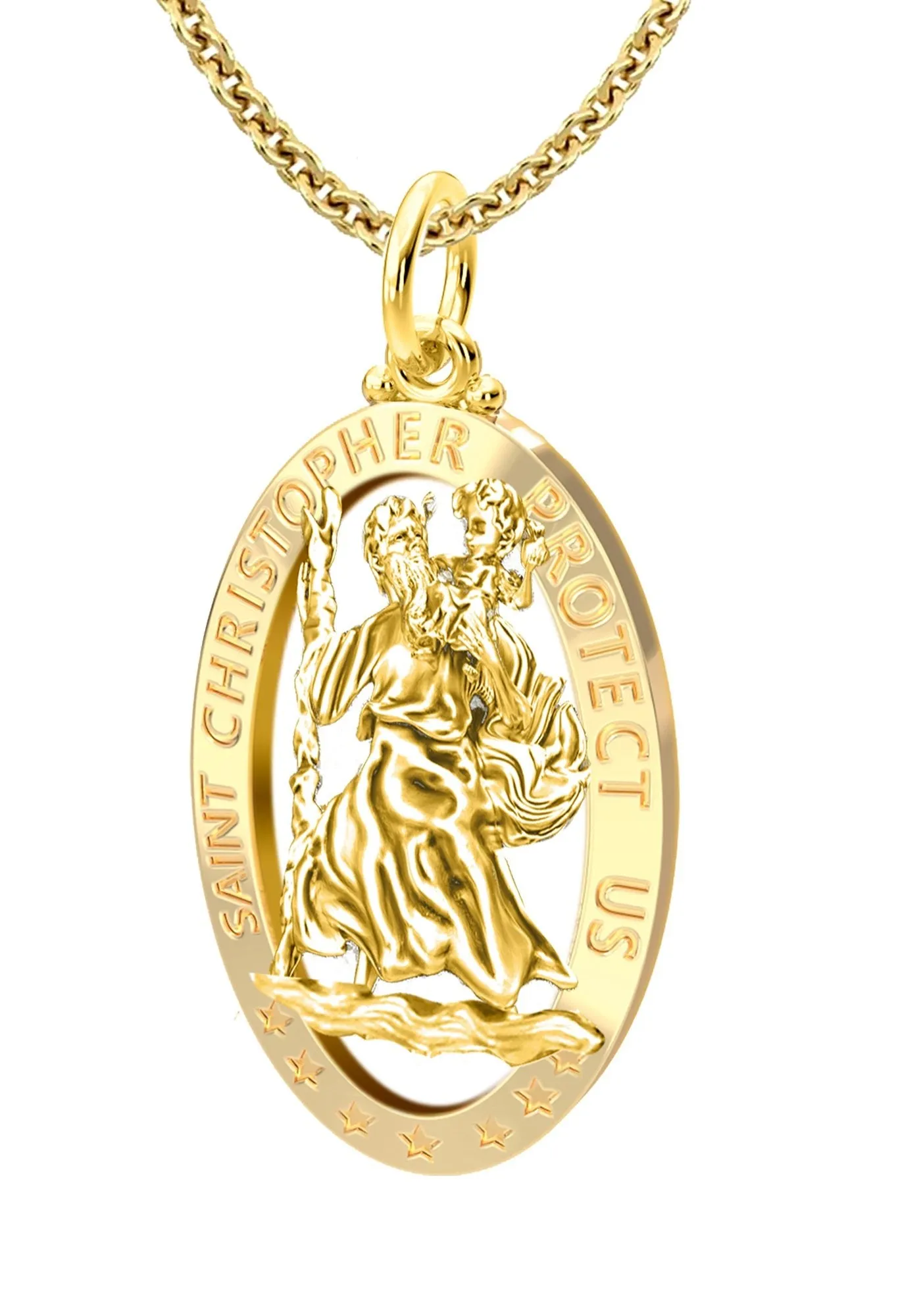 Ladies 14K Yellow Gold Saint Christopher Polished Finish Pierced Pendant Necklace, 25mm