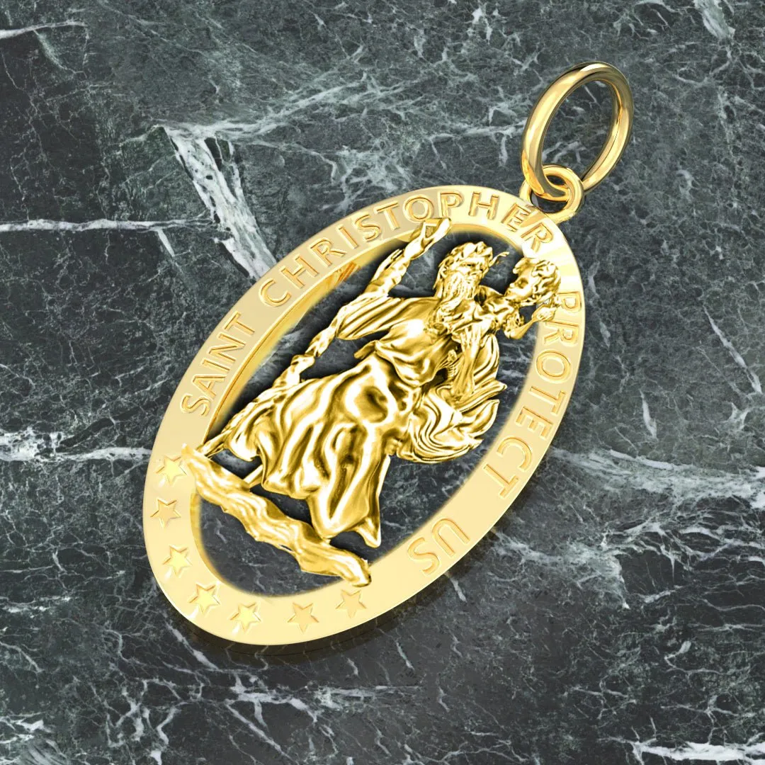 Ladies 14K Yellow Gold Saint Christopher Polished Finish Pierced Pendant Necklace, 25mm
