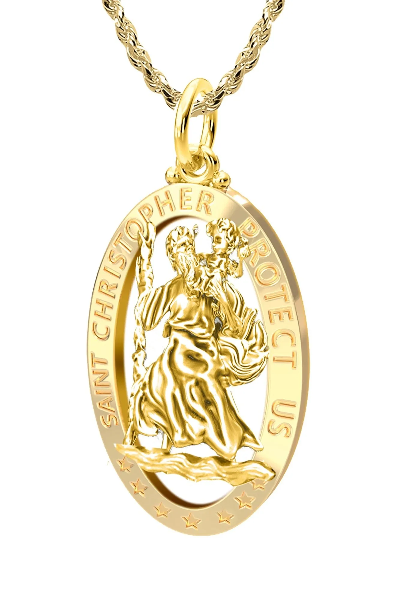 Ladies 14K Yellow Gold Saint Christopher Polished Finish Pierced Pendant Necklace, 25mm