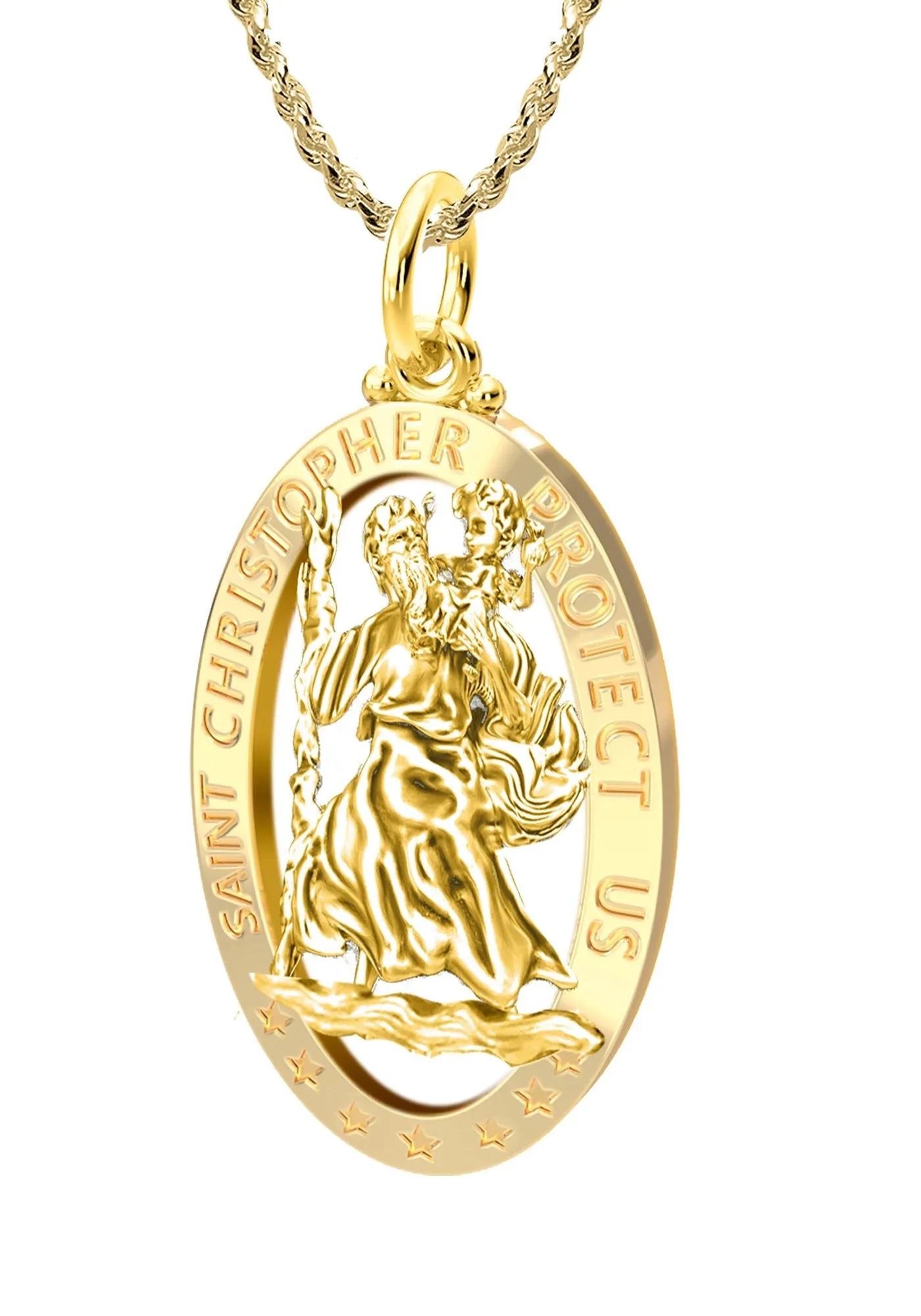 Ladies 14K Yellow Gold Saint Christopher Polished Finish Pierced Pendant Necklace, 25mm