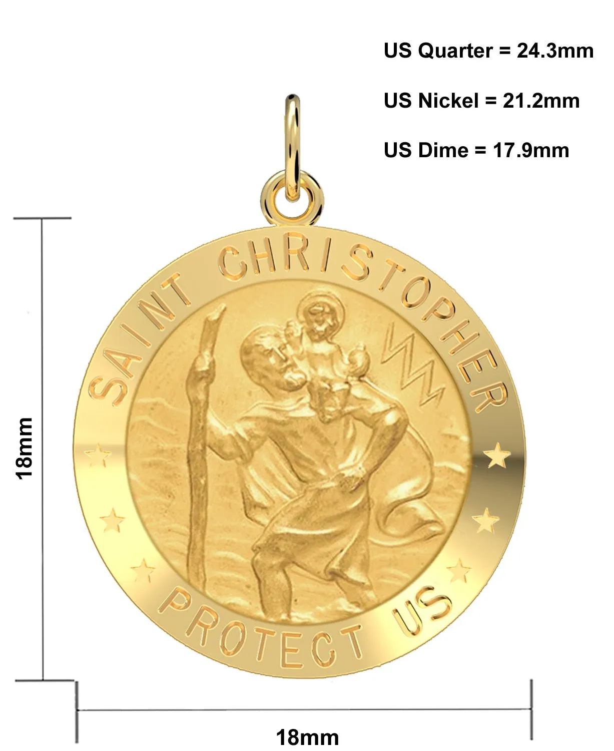 Ladies 14k Yellow Gold Saint Christopher Round Solid Medal Necklace, 18mm