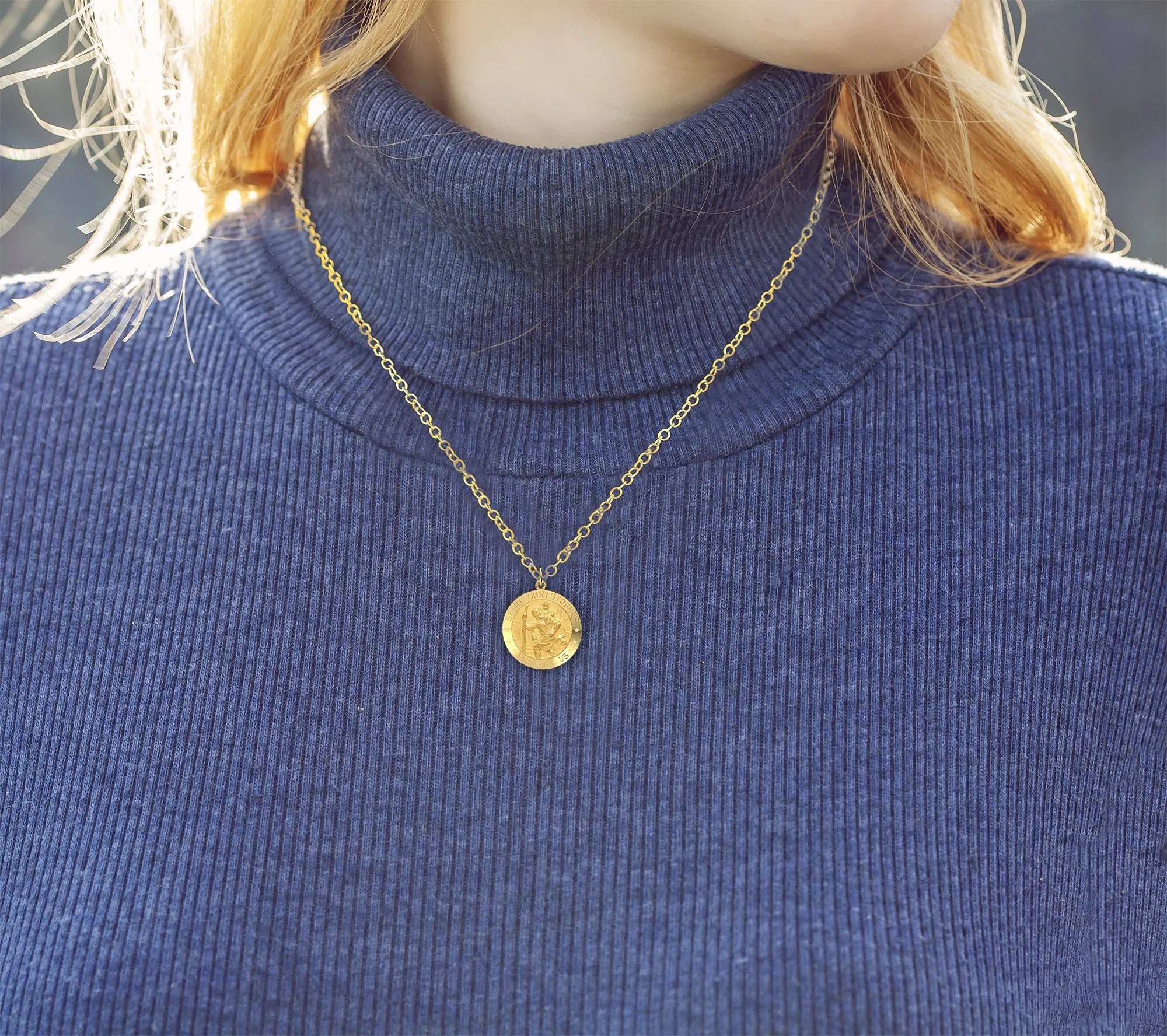 Ladies 14k Yellow Gold Saint Christopher Round Solid Medal Necklace, 18mm