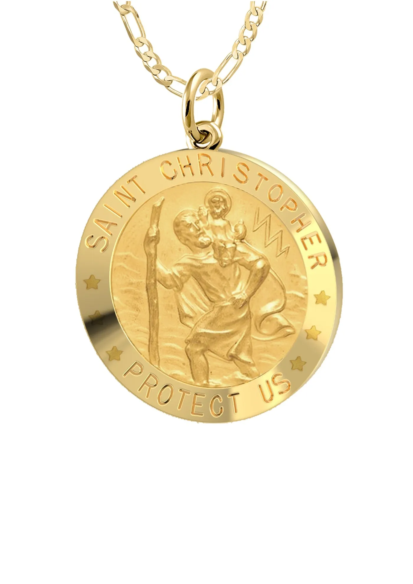 Ladies 14k Yellow Gold Saint Christopher Round Solid Medal Necklace, 18mm