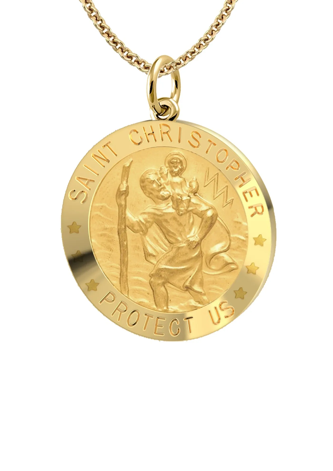 Ladies 14k Yellow Gold Saint Christopher Round Solid Medal Necklace, 18mm
