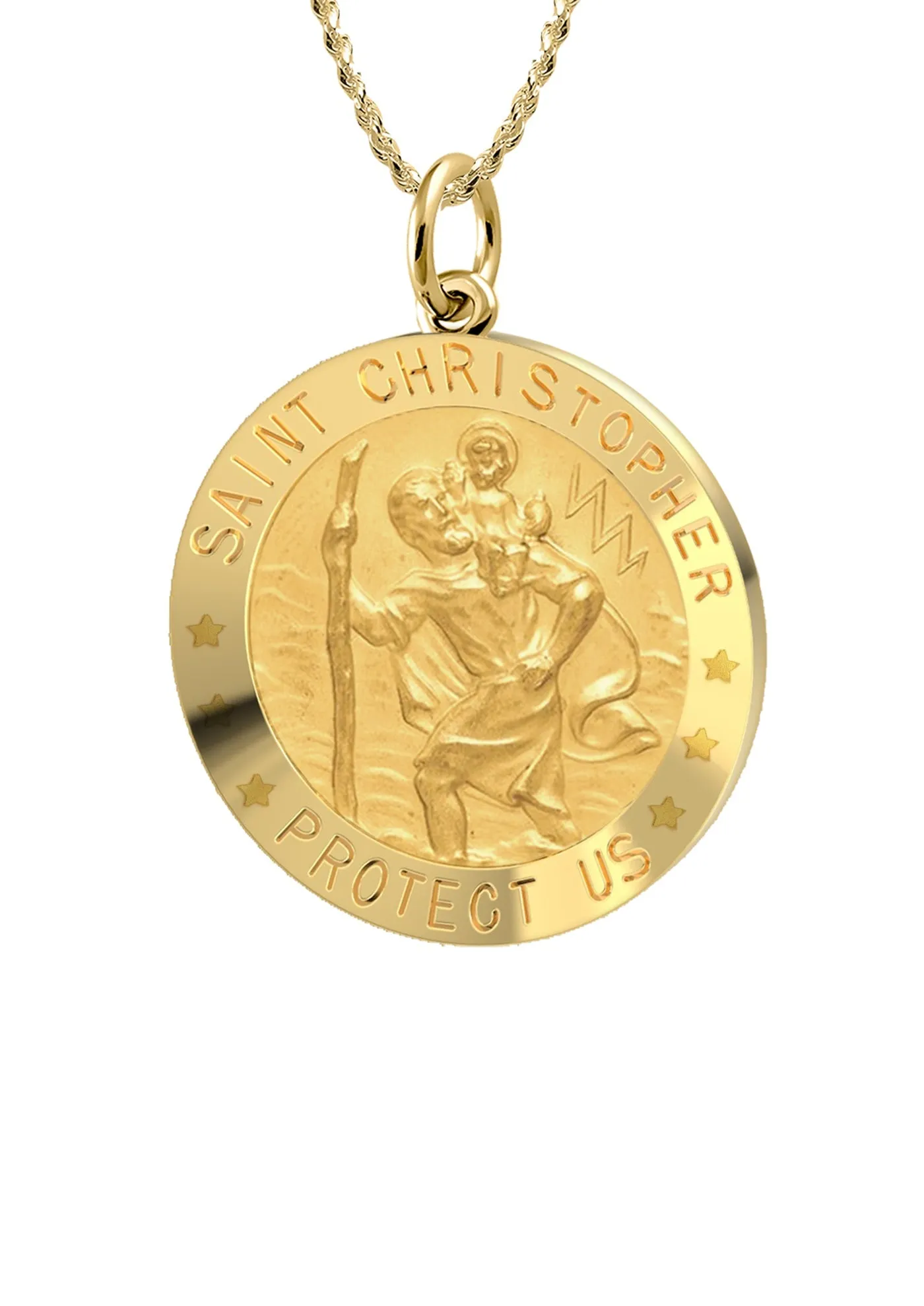 Ladies 14k Yellow Gold Saint Christopher Round Solid Medal Necklace, 18mm