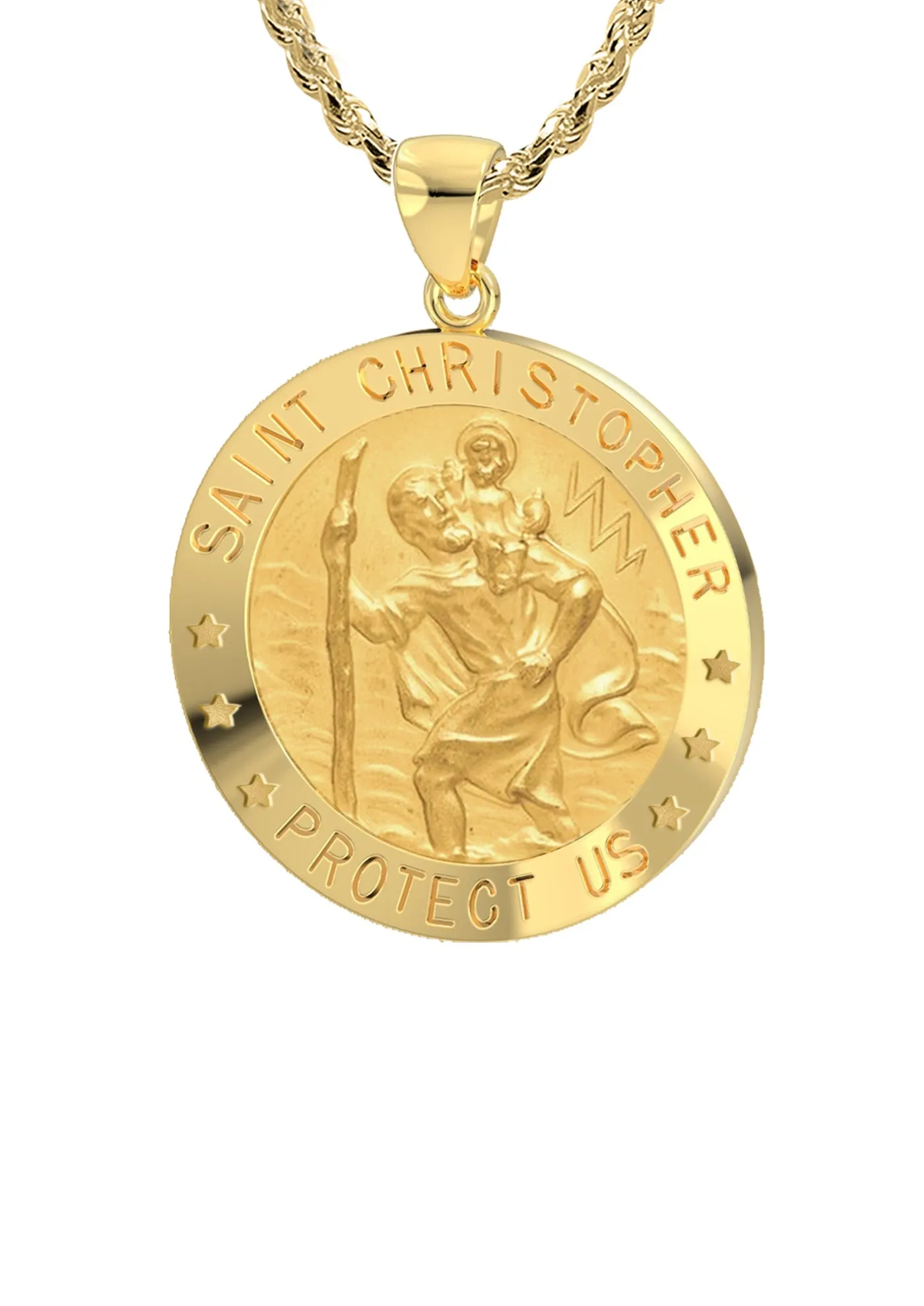 Ladies 14k Yellow Gold Saint Christopher Round Solid Medal Necklace, 18mm