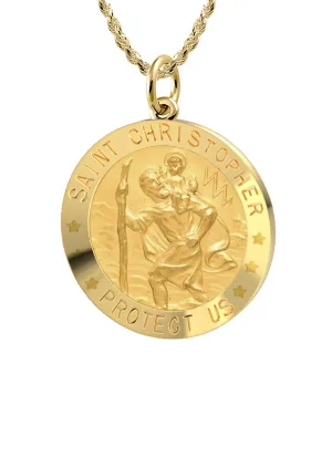 Ladies 14k Yellow Gold Saint Christopher Round Solid Medal Necklace, 18mm