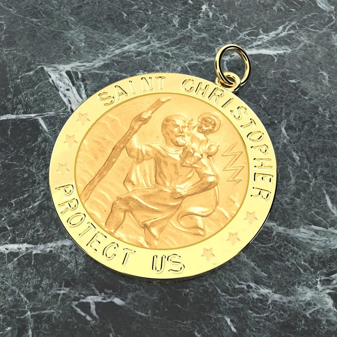 Ladies 14k Yellow Gold Saint Christopher Round Solid Medal Necklace, 18mm