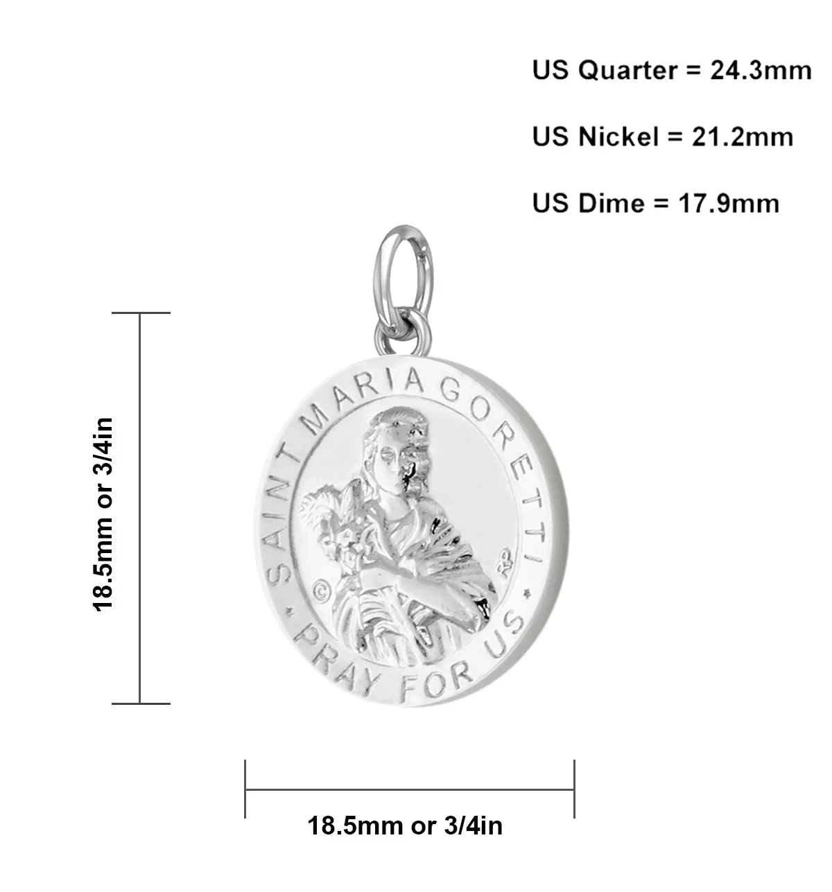 Ladies 925 Sterling Silver 18.5mm Polished Saint Maria Goretti Medal Pendant Necklace