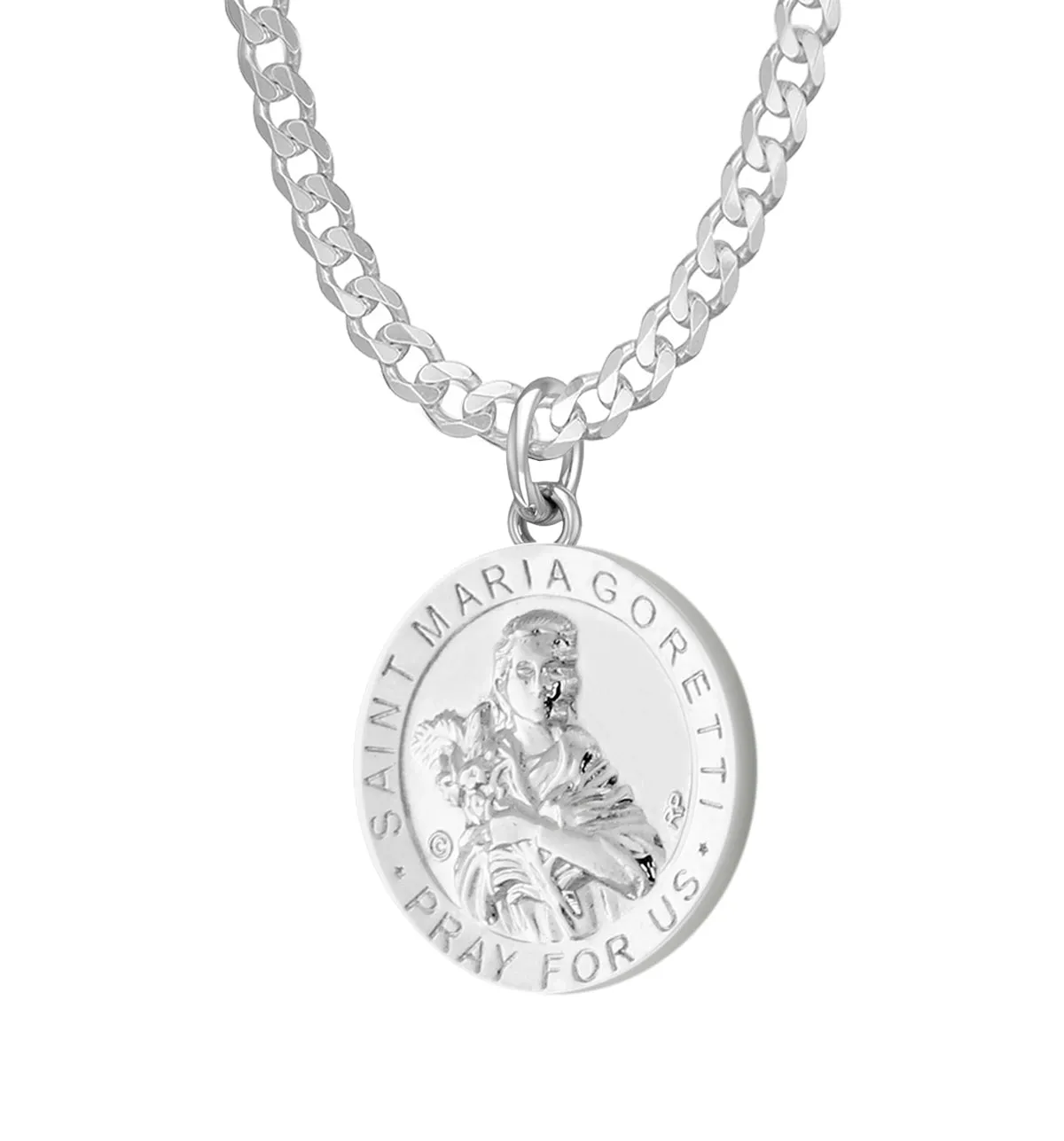 Ladies 925 Sterling Silver 18.5mm Polished Saint Maria Goretti Medal Pendant Necklace