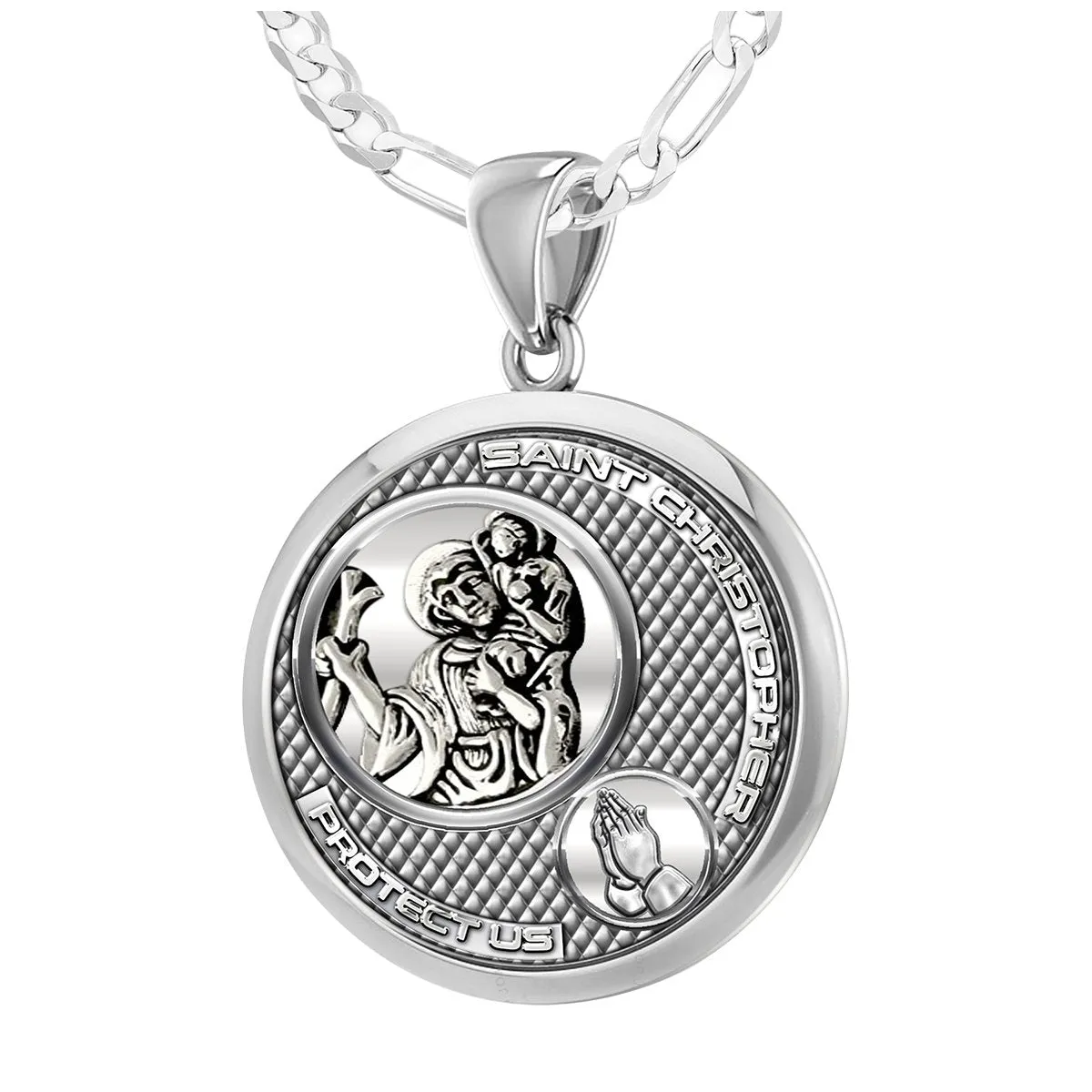 Ladies 925 Sterling Silver Round Saint Christopher Round Polished Finish Pendant Necklace, 25mm