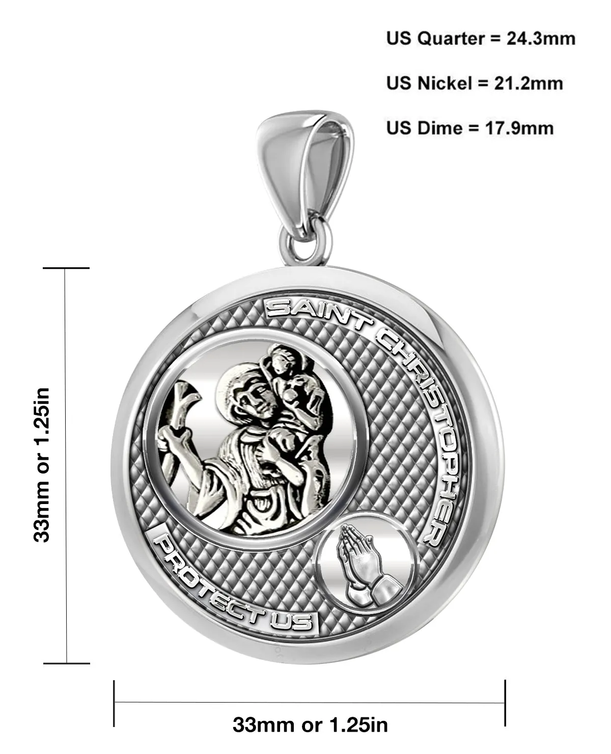 Ladies 925 Sterling Silver Round Saint Christopher Round Polished Finish Pendant Necklace, 25mm