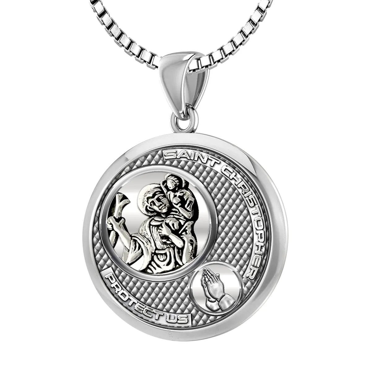 Ladies 925 Sterling Silver Round Saint Christopher Round Polished Finish Pendant Necklace, 25mm