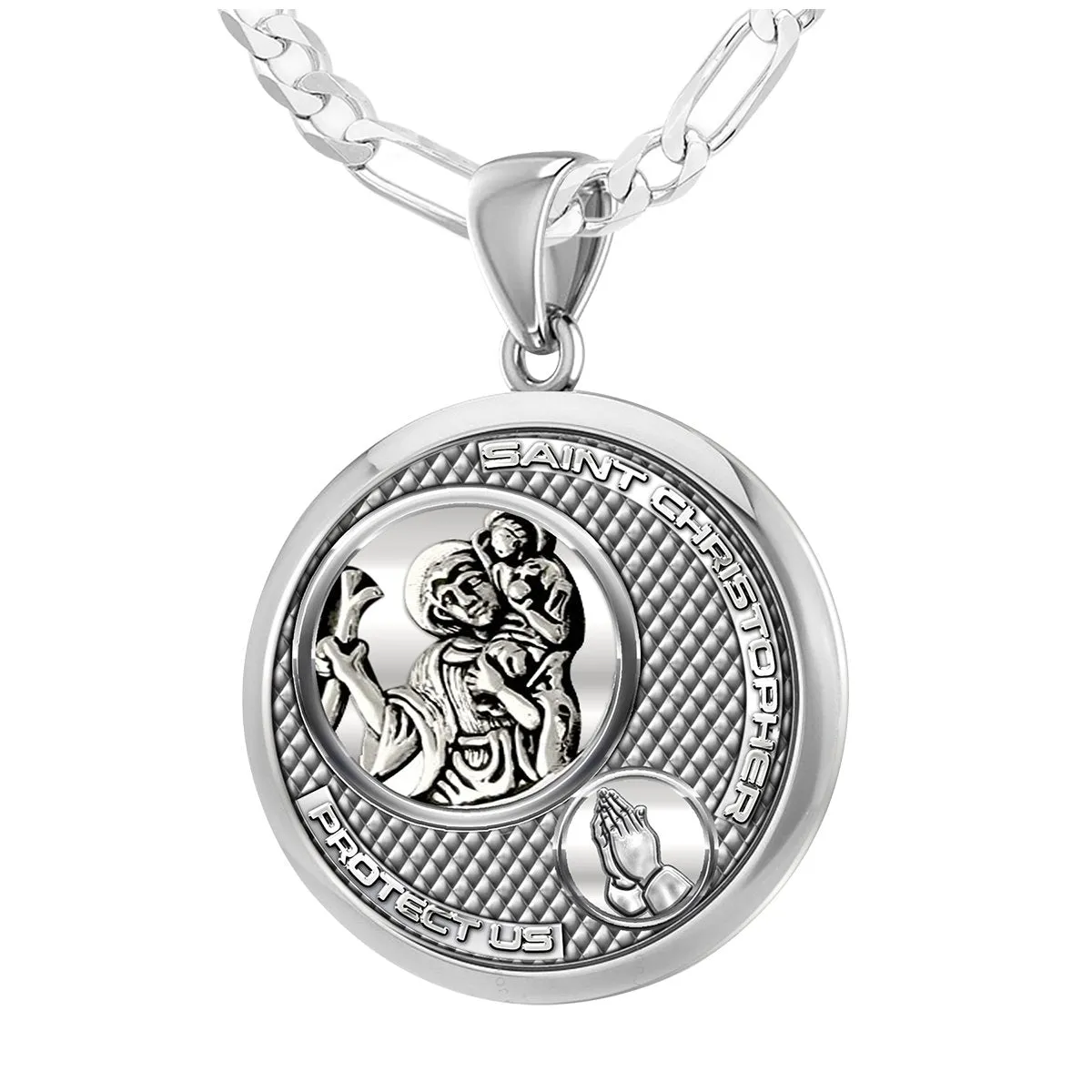 Ladies 925 Sterling Silver Round Saint Christopher Round Polished Finish Pendant Necklace, 25mm