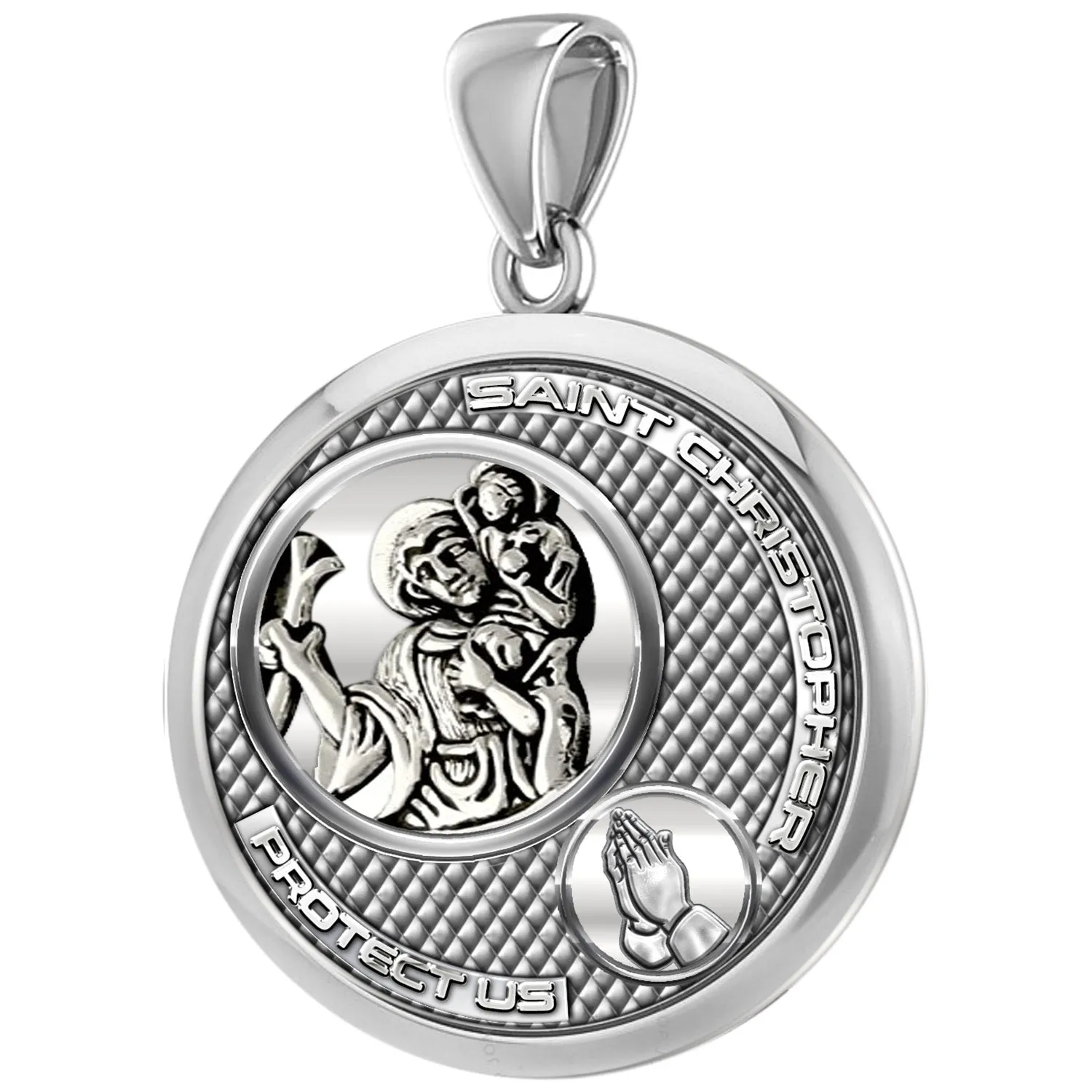 Ladies 925 Sterling Silver Round Saint Christopher Round Polished Finish Pendant Necklace, 25mm
