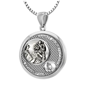 Ladies 925 Sterling Silver Round Saint Christopher Round Polished Finish Pendant Necklace, 25mm