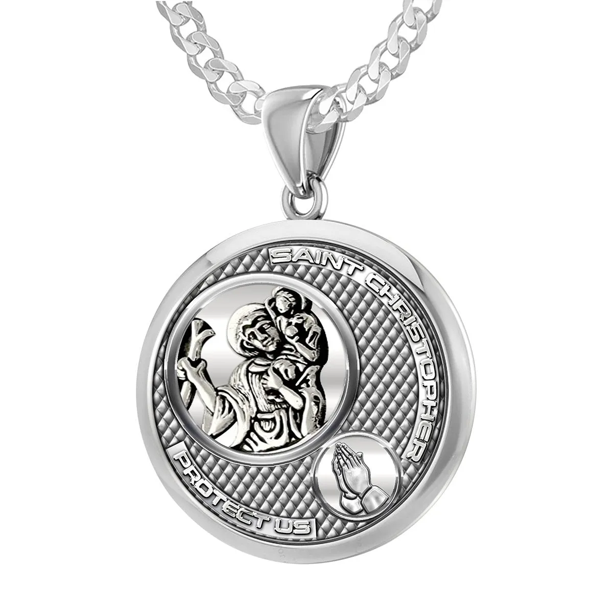 Ladies 925 Sterling Silver Round Saint Christopher Round Polished Finish Pendant Necklace, 25mm