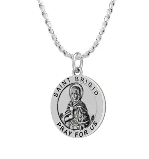 Ladies 925 Sterling Silver Saint 18.5mm Antiqued Brigid Medal Pendant Necklace
