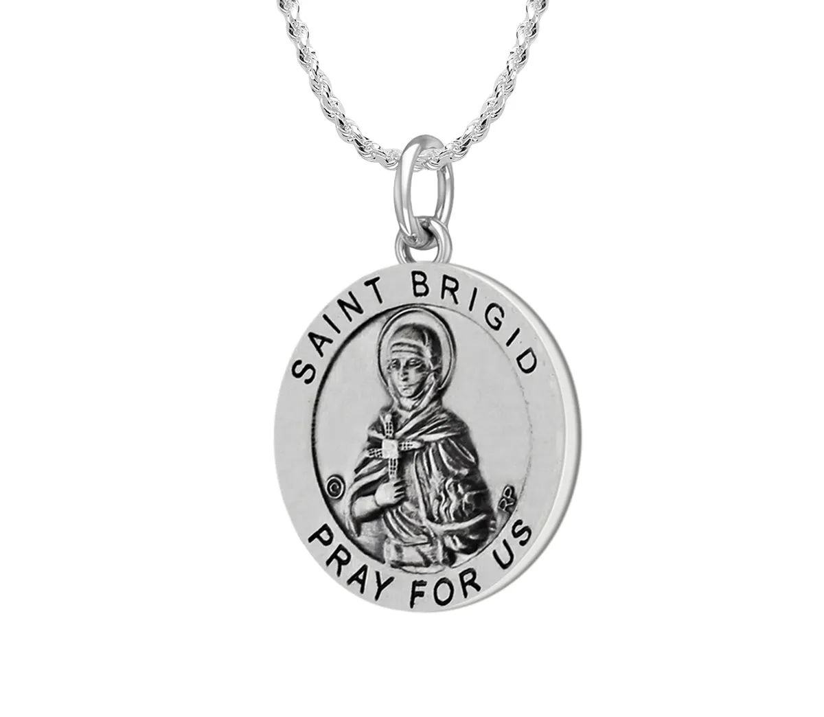 Ladies 925 Sterling Silver Saint 18.5mm Antiqued Brigid Medal Pendant Necklace