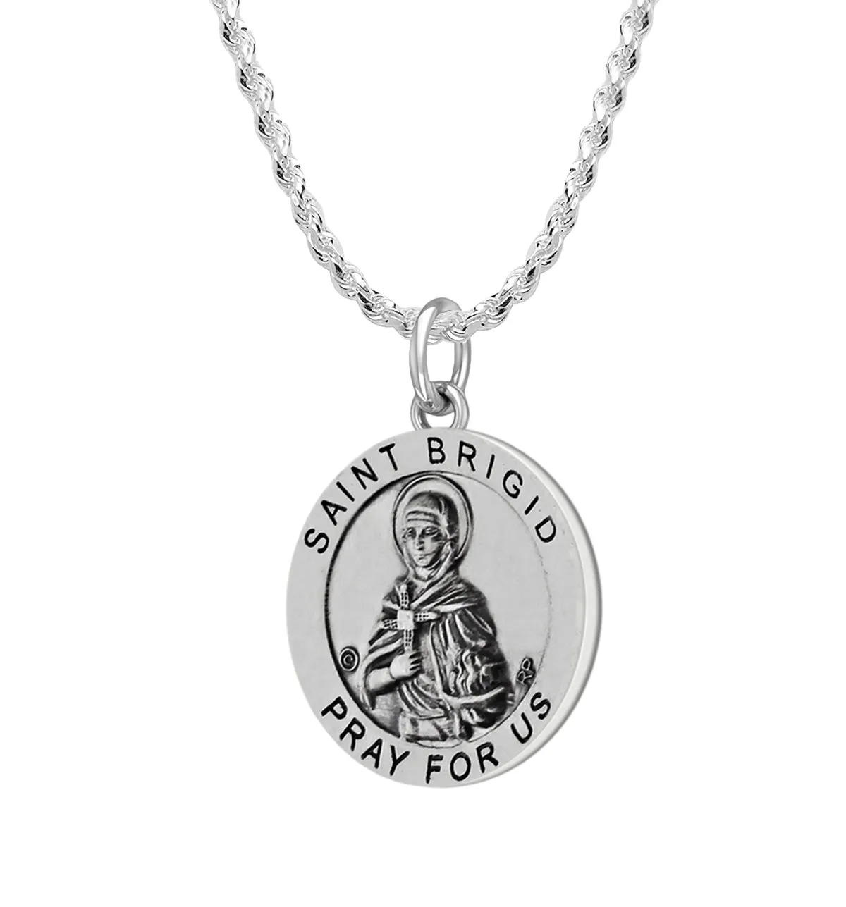 Ladies 925 Sterling Silver Saint 18.5mm Antiqued Brigid Medal Pendant Necklace