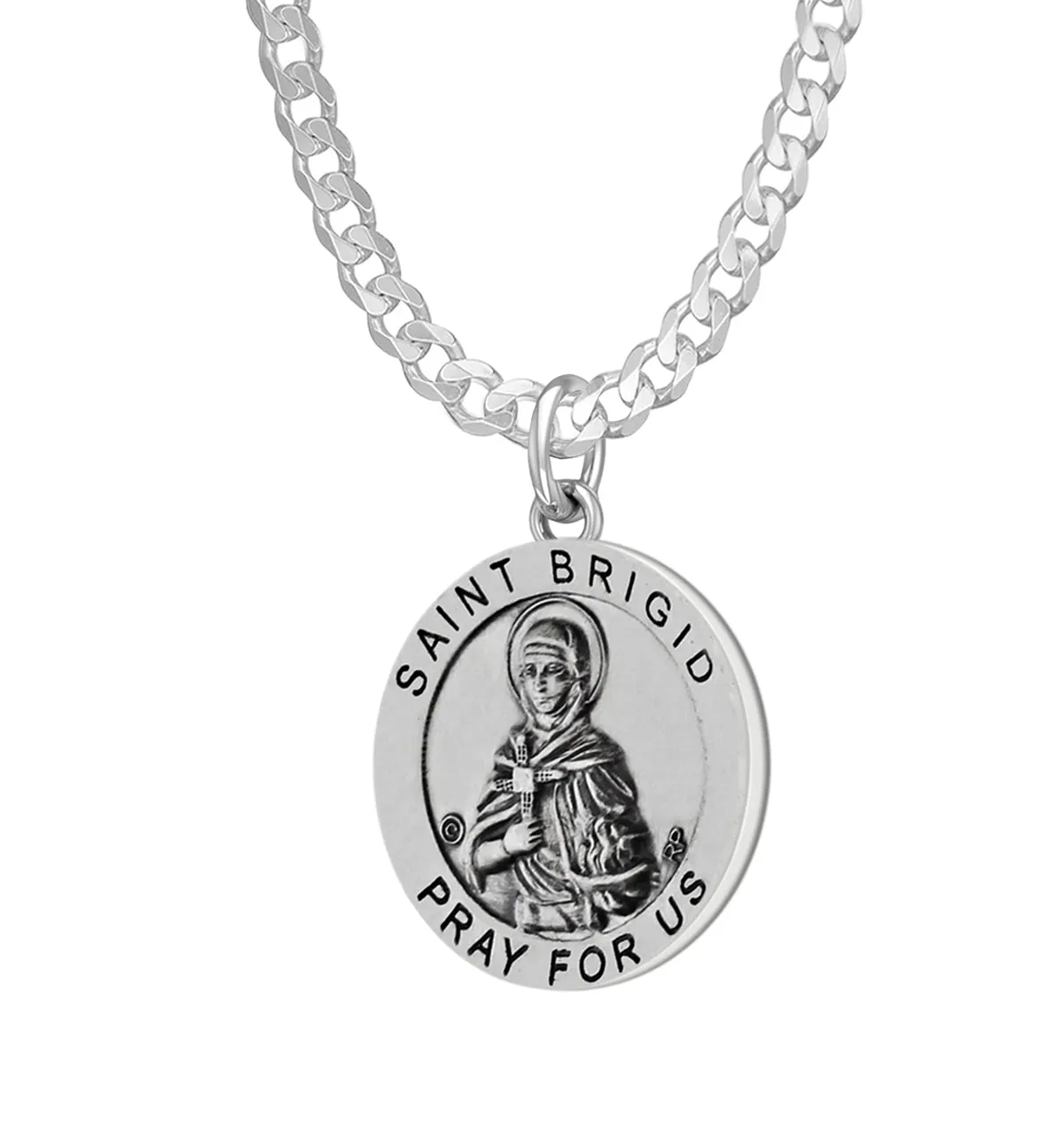 Ladies 925 Sterling Silver Saint 18.5mm Antiqued Brigid Medal Pendant Necklace