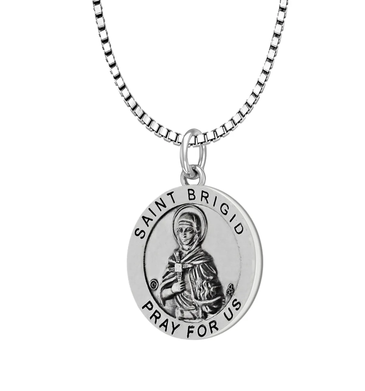 Ladies 925 Sterling Silver Saint 18.5mm Antiqued Brigid Medal Pendant Necklace