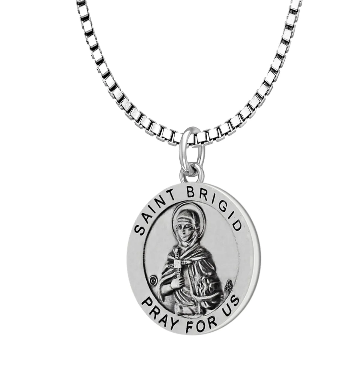 Ladies 925 Sterling Silver Saint 18.5mm Antiqued Brigid Medal Pendant Necklace