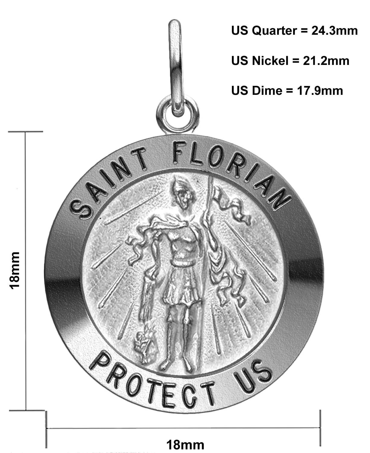 Ladies 925 Sterling Silver Saint Florian Antique Round Pendant Necklace, 18mm