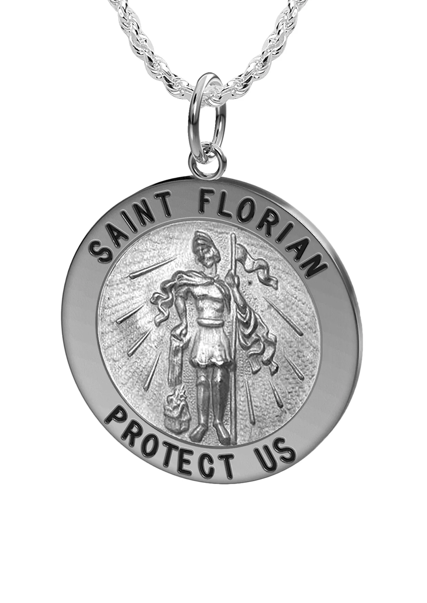 Ladies 925 Sterling Silver Saint Florian Antique Round Pendant Necklace, 18mm