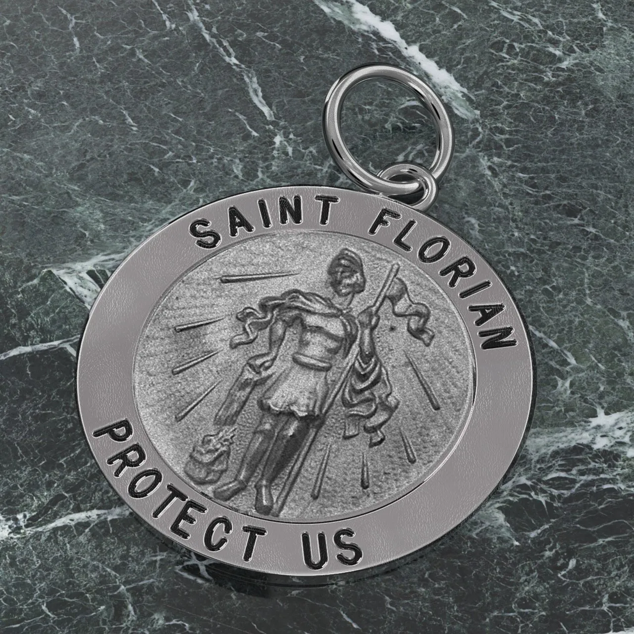 Ladies 925 Sterling Silver Saint Florian Antique Round Pendant Necklace, 18mm
