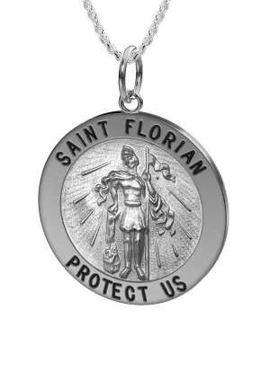 Ladies 925 Sterling Silver Saint Florian Antique Round Pendant Necklace, 18mm