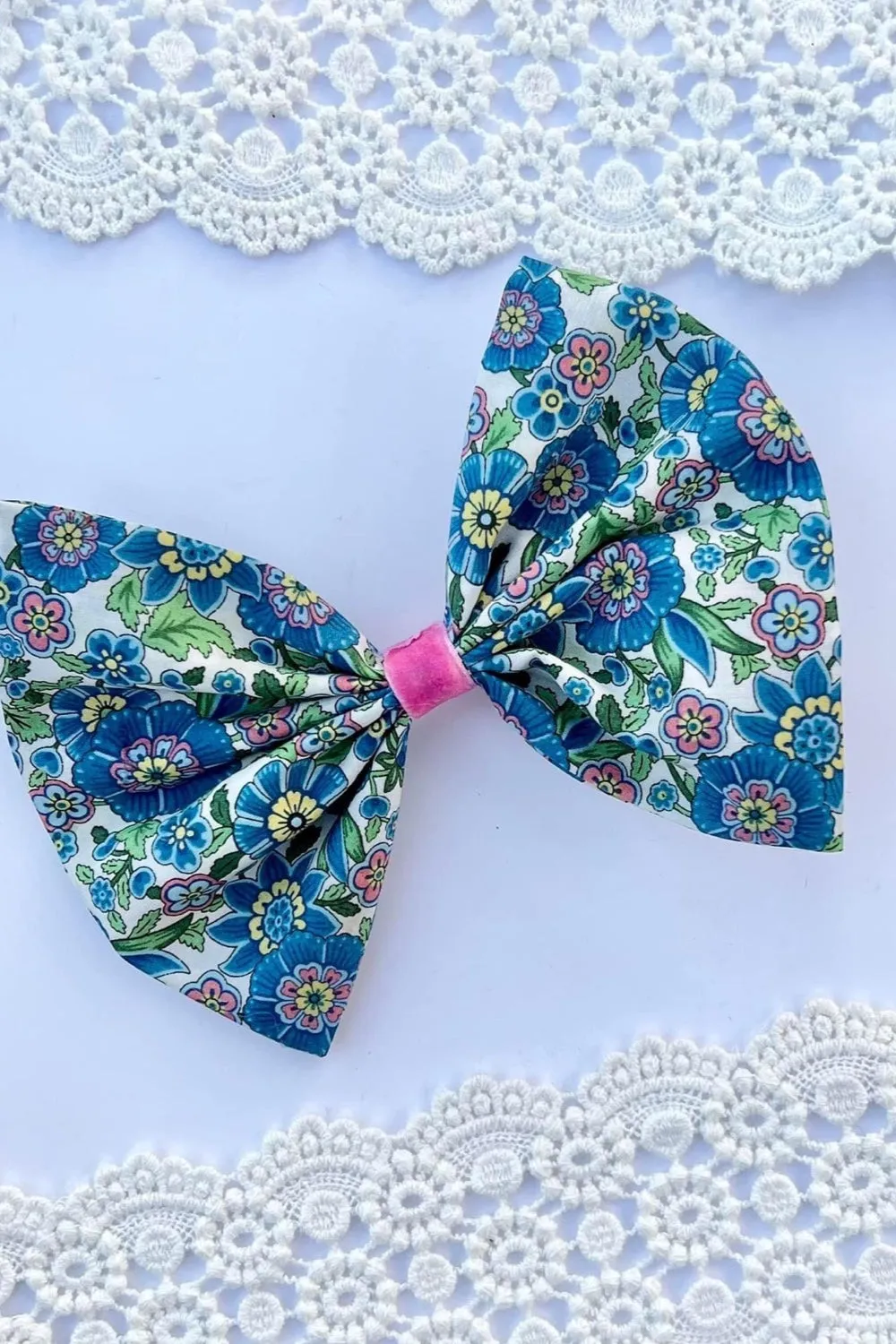 Large Pinch Bow Clip w Velvet Contrast | Liberty of London Tana Lawn Fabric | Razai B