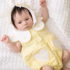 Lemon Linen Frill Heart Romper With Bonnet