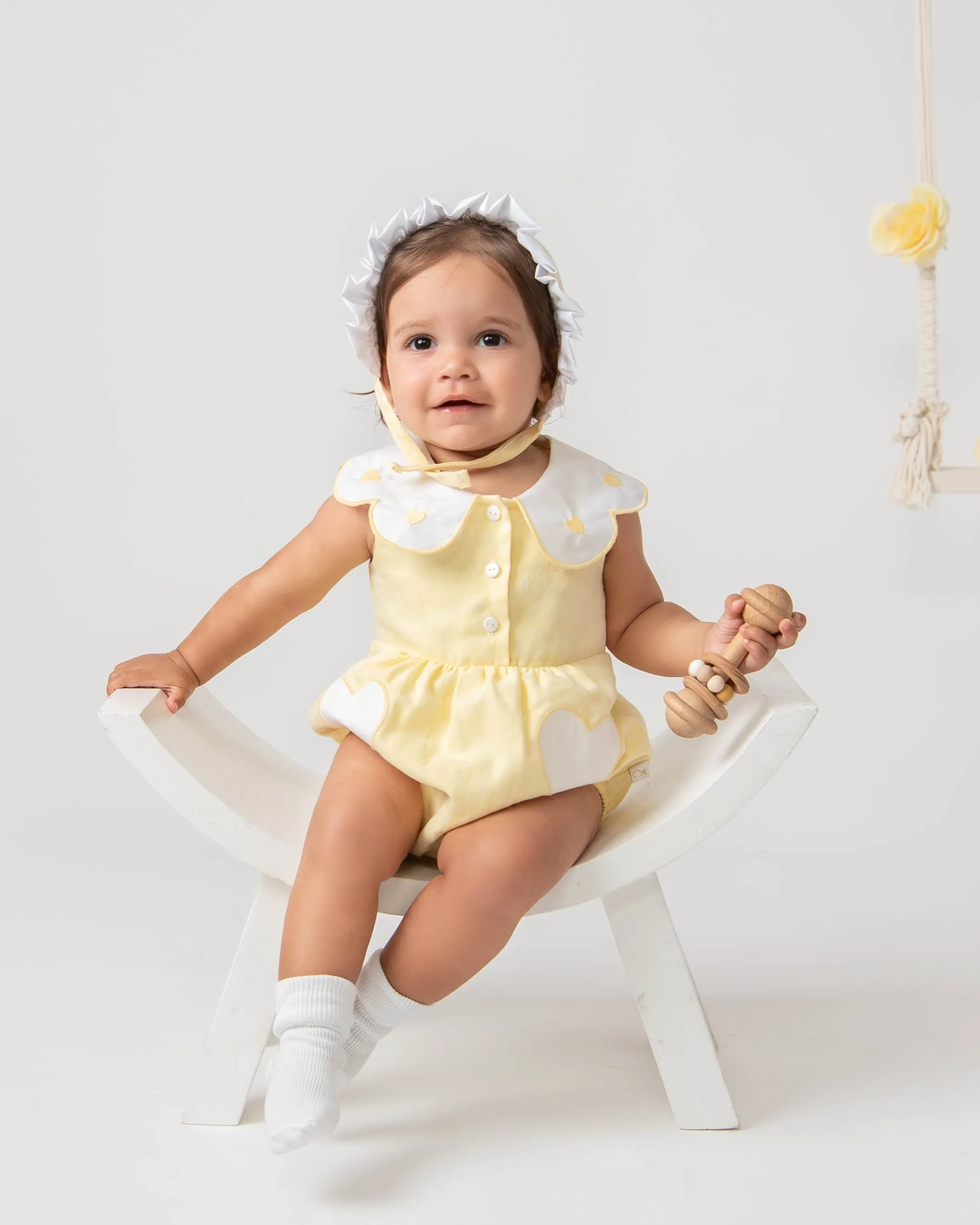 Lemon Linen Frill Heart Romper With Bonnet