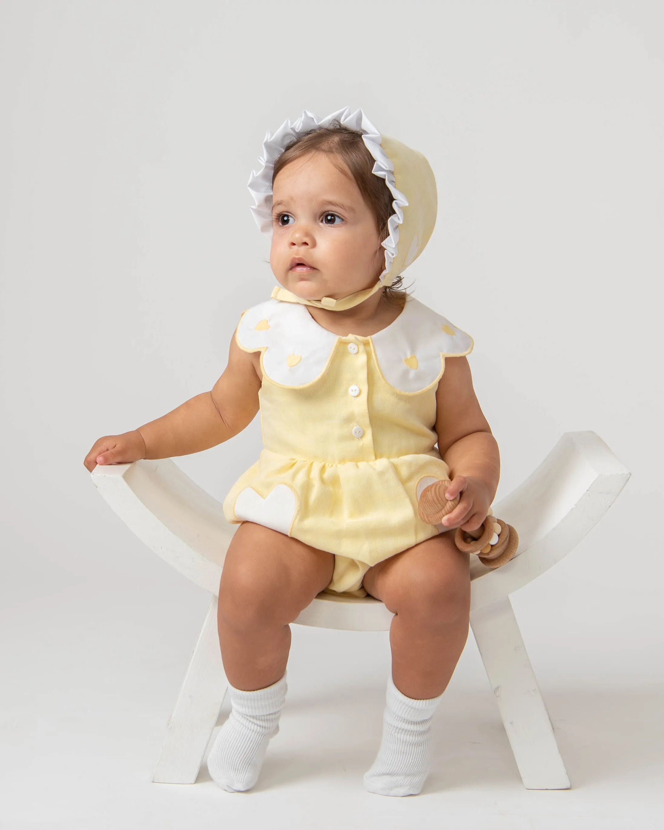 Lemon Linen Frill Heart Romper With Bonnet
